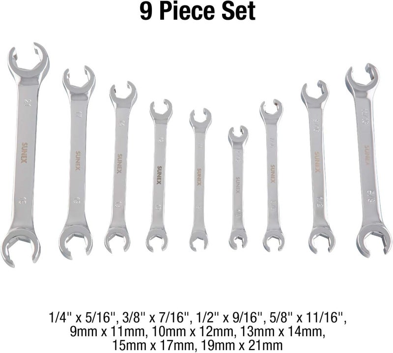 SUNEX Tools 9809A 9-Piece Flare Nut Wrench Set with Roll-Case, SAE & Metric Sizes - Image 2
